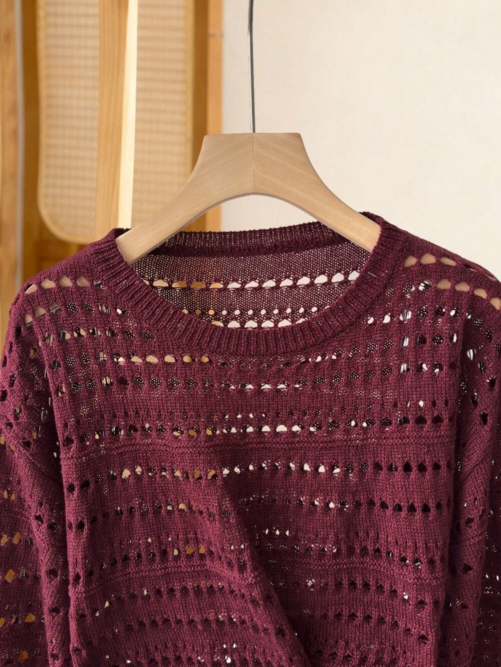 Red Hollow Knit Women's Pullover Sweater Waist, Round Neck, Lantern Sleeve - Picture 2 of 6